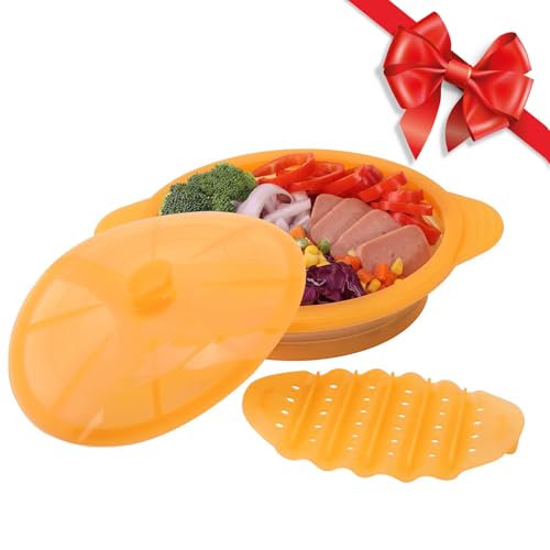 Microwave Steamer Cooker Collapsible Bowl-Silicone Steamer Cookware with Handle Lid for Vegetables Fish Prep Meal Food with Removable Rack BPA Free, Easy to Store, Freezer & Dishwasher Safe, Orange