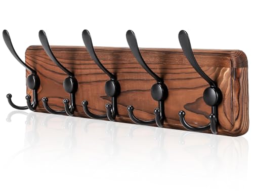 Gohiuo Rustic Wall Mount Coat Rack, Coat Hooks Wall Mount Wood Coat Rack with 5 Triple Hooks, Heavy Duty Wooden Wall Mounted Coat Hanger for Entryway, Farmhouse Hanging Coats, Hats, Bags,Towels - size: 5 hooks-1 items
