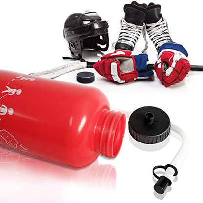 Hockey Water Bottles with Long Straw, Fit for Football Lacrosse Gym Sport, Plastic Squeezable Leakproof BPA Free, No Strange Smell, Easy to Clean, 1 Liter 32 oz (3 Straw Caps) (red) - color: red