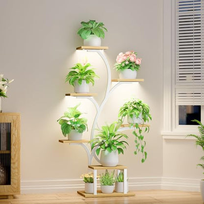 BACEKOLL Plant Stand Indoor with Grow Lights, 7 Tiered Indoor Plant Shelf, 49" Corner Plant Stands for Indoor Plants, Metal Plant Flower Display Shelf, Tree-Shaped Plant Rack for Home, Patio, Natural