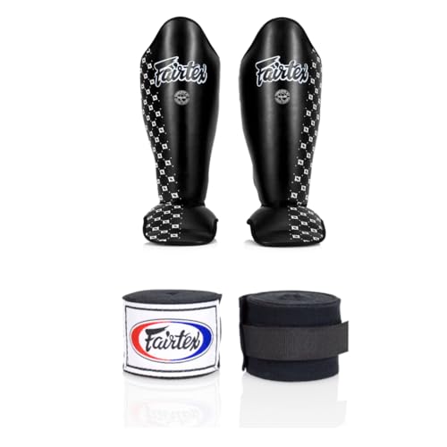 Fairtex SP5 Black Medium Shin Guard + Fairtex Muay Thai Handwrap Black 180 inch