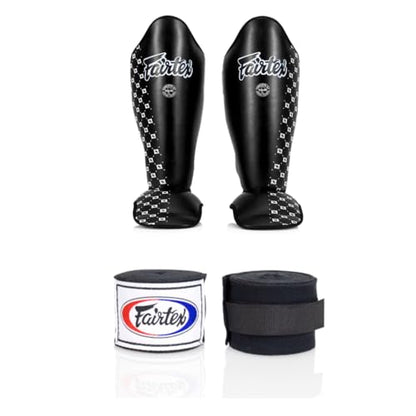 Fairtex SP5 Black Medium Shin Guard + Fairtex Muay Thai Handwrap Black 180 inch