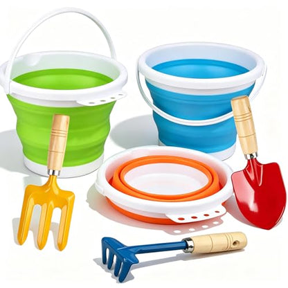 Gardening Tools Set Foldable Beach Bucket with Metal Shovels for Adults, Collapsible Pails Sand Bucket for Basket Camping Gardening Fishing, Essential Travel Gadget 6PCS