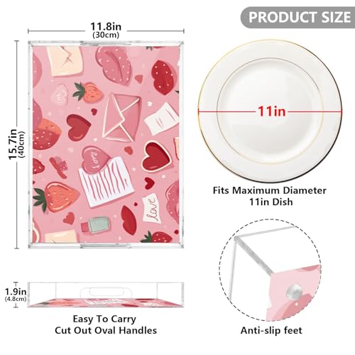 Acrylic Tray Clear Serving Vanity Ottoman Bathroom Coffee Table Countertop Organizer Raised Edge Spill Proof Pink Love Strawberries Hearts Letters - color: Pink Love Strawberries Hearts Letters