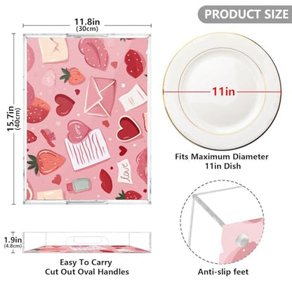 Acrylic Tray Clear Serving Vanity Ottoman Bathroom Coffee Table Countertop Organizer Raised Edge Spill Proof Pink Love Strawberries Hearts Letters - color: Pink Love Strawberries Hearts Letters