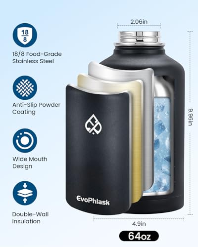 64 oz Insulated Water Bottle(Cold for 48Hrs), Matte Black - color: Matte Black, size: 64 Ounces