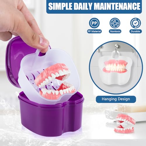 KISEER Purple Denture Bath Case Cup Box Holder Storage Soak Container with Strainer Basket for Travel Cleaning - color: Purple