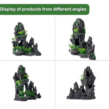 Large Fish Tank Decorations - Mountain View Aquarium Ornament with Tree House Cave Bridge,Resin, 10.24x9.45x5.12 inches, C