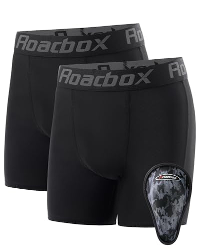 Roadbox Boys Youth Compression Shorts with Athletic Cup Baseball Football - color: 2 Pack: Black+black(1 Cup), size: Medium