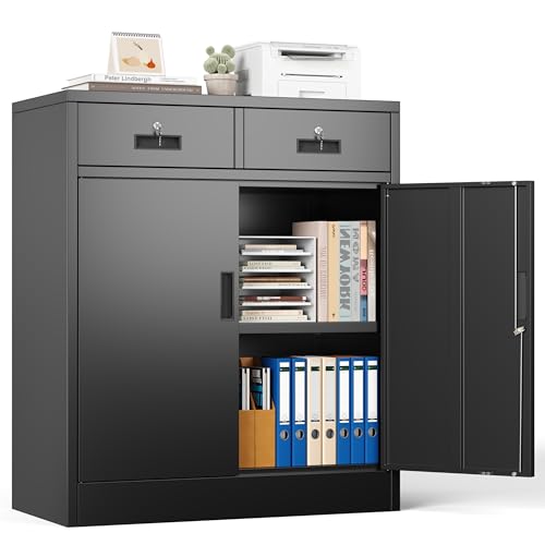Locking Storage Cabinet, 36" H Metal Storage Cabinet, Metal Garage Storage Cabinet for Home, School, Office, Garage, Black - color: Black, size: 36" H-2 Drawers
