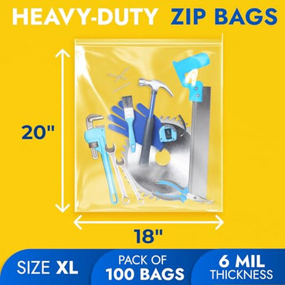 18" x 20" Reclosable Plastic Zip Bags, Pack of 100, 6 Mil Heavy-Duty Clear Poly Bags, Resealable for Food, Clothes, Hardware, Jewelry - size: 18"W x 20"H