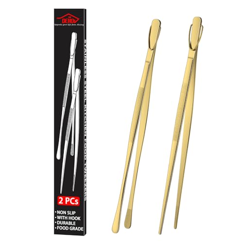DEHOV 12 Inch Gold Stainless Steel Kitchen Tweezers For Cooking Tongs Set of 2, Metal Long Food Tweezers, BBQ Grill Tongs For Pasta