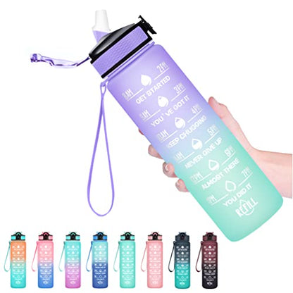 Hyeta Water Bottle with Straw & Time Marker, Plastic 32oz Leakproof - color: Light Purple Green