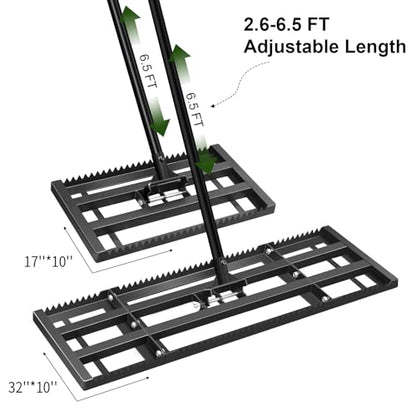 Lawn Leveling Rake-32''x10 Heavy Duty Leveler Reinforced Landscape Tool, Steel Lawn Rake with Serrated Edge & Smooth Plate for Level Soil Compost Sand Grass Dirt Yard Garden 6.5FT Adjustable Handle