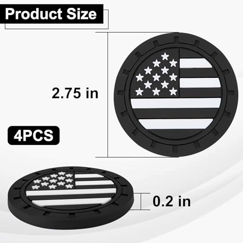 4PCS Car Cup Coasters, 2.75 Inch Universal American Flag Cup Holder Coasters for Car Accessories, Non-Slip Silicone Anti-Shock Drinking Mats for Trucks, Cars, RVs and SUVs (Black)