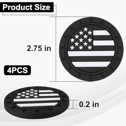 4PCS Car Cup Coasters, 2.75 Inch Universal American Flag Cup Holder Coasters for Car Accessories, Non-Slip Silicone Anti-Shock Drinking Mats for Trucks, Cars, RVs and SUVs (Black)