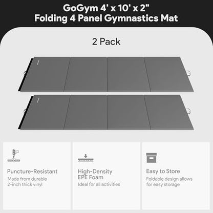 BalanceFrom 2-Pack 10x4 Feet 4-Panel Folding Gymnastics Mat, Gray – 2-Inch Thick Pad with Vinyl Surface and Carrying Handles for Tumbling, Yoga, Pilates, Home Workouts, and Martial Arts