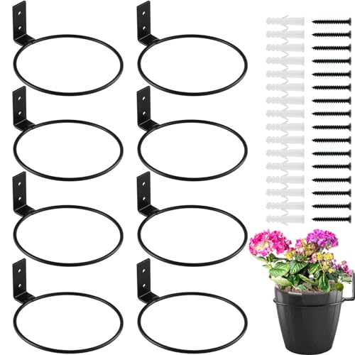 8-Pack 6 Inch Flower Pot Holder Ring Wall Mounted Metal Flower Pot Hangers Wall Hanger Bracket Rings Black Planter Bracket for Home, Garden, Indoor Outdoor Pots