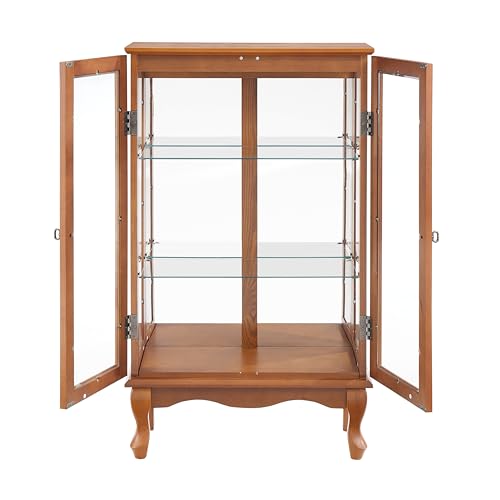 43" H Lighted Curio Cabinet Display Case with Light Bulb, Glass Curio Cabinet with Adjustable Shelves & Tempered Glass Door, Wooden Cabinets w/Mirrored Back Pane for Living Room(Oak)