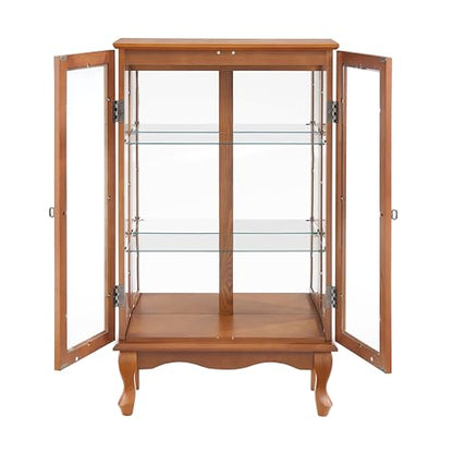 43" H Lighted Curio Cabinet Display Case with Light Bulb, Glass Curio Cabinet with Adjustable Shelves & Tempered Glass Door, Wooden Cabinets w/Mirrored Back Pane for Living Room(Oak)