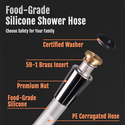 Shower Hose, Ultra-Soft Silicone Shower Hose Extension, Anti-Kink Designed Long Handheld Shower Head Hose Replacement with Brass Insert and Nut, 79 Inches, Silver - color: Silver, size: 79 Inches