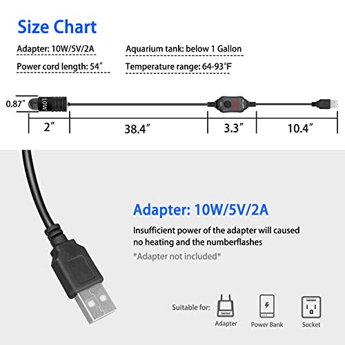 Adjustable Mini Aquarium Heater 0.5/1/2/3 Gallon Submersible Small Fish Tank Heater 10W/20W/30W Digital Display Thermostat External Temperature Controller - size: USB-10W