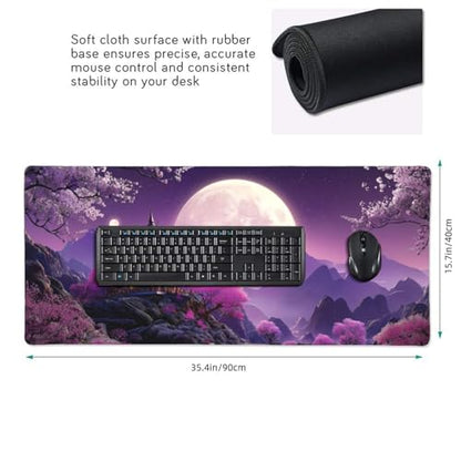 XXL Gaming Mouse Pad 35.4 x 15.7 Inch, Large Extended Desk Mousepad, Water-Resistant Surface, Stitched Edges, Non-Slip Rubber Base Desk Mat for Gaming & Office - color: Cherry Moon