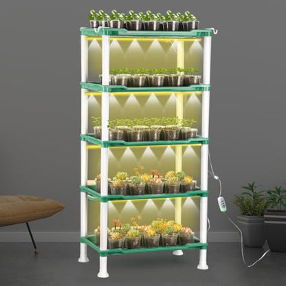 RooTrimmer Seed Starter Tray Unit, 5-Tier Plant Stand with 4 LED Grow Lights & 90 Pack 2.5 Inch Clear Nursery Pots – for Indoor Gardening, Herb, Seedling Kits & Small Greenery