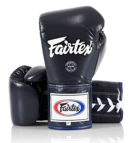 Fairtex BGL6 Locked Thumb Boxing Gloves, Leather Lace Up Muay Thai MMA Gear | Snug-fit hand compartment with ergonomic curves. Minimizes hand fatigue. Built for pro competitions and sparring. - color: Blue, size: 16 oz