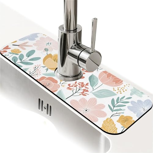 Kitchen Sink Splash Guard，Pastel flowers and leaves-1 Faucet Mat Sink Gadgets-Super Absorbent Fast Drying Mat Drip Catcher for Kitchen, Bathroom,Sink Mat, Dish Drying Mat, Bathroom(15" X 5.5" ) - color: Pastel flowers and leaves-1