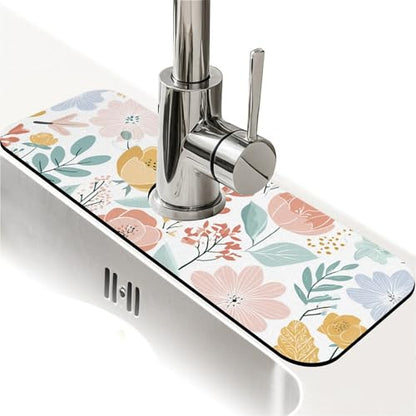 Kitchen Sink Splash Guard，Pastel flowers and leaves-1 Faucet Mat Sink Gadgets-Super Absorbent Fast Drying Mat Drip Catcher for Kitchen, Bathroom,Sink Mat, Dish Drying Mat, Bathroom(15" X 5.5" ) - color: Pastel flowers and leaves-1