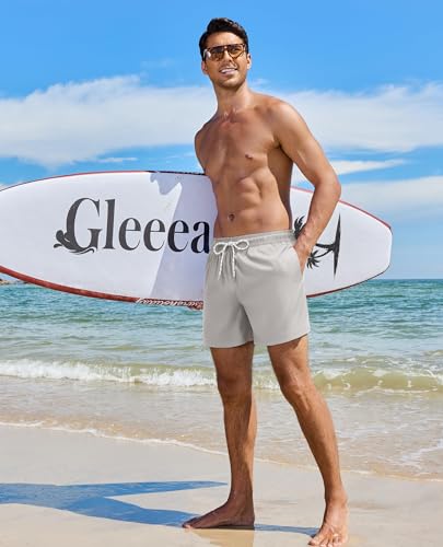 Gleeease 5 Inch Mens Swim Trunks with Compression Liner Men's Bathing Suit - color: Light Grey, size: Large