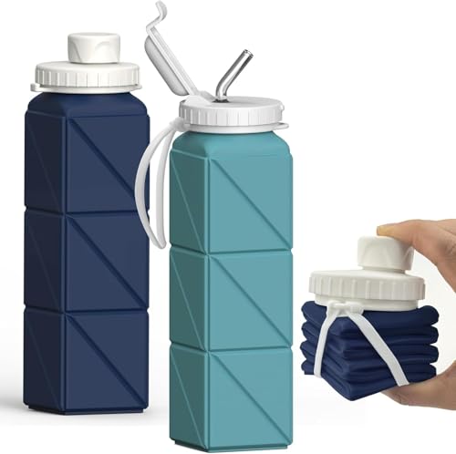 BEAUTAIL Collapsible Water Bottles 21oz/610mL, Silicone Travel Water Bottle | BPA Free, Leakproof & Reusable, Foldable Water Bottle for Traveling, Hiking, School, Sports, Outdoor, 2-Pack, Blue+DarkBlue - color: Dark Blue+Blue