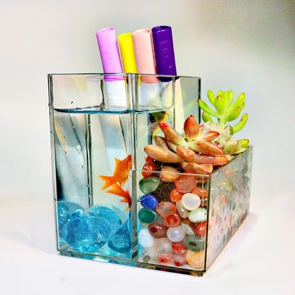 Mini Clear Acrylic Fish Tank Kit,Multifunctional Desk Aquarium Set with Tools,Pen Holder Makeup Brush Organizer,Micro Landscape Box for Home Office Decor,2 Pieces