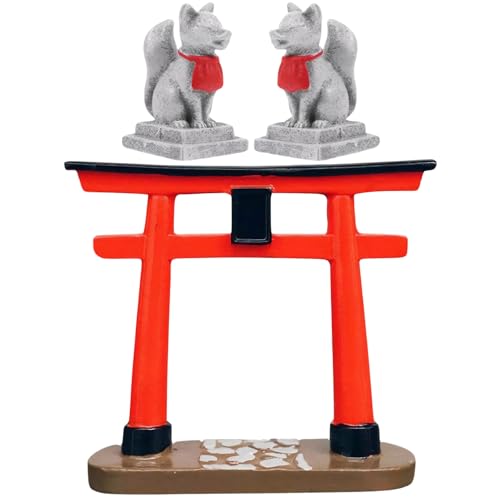 Japanese Decor, Resin Simulation Torii Gate and Fox Statue, Mini Zen Garden Accessories for Bonsai, Sand Table, Garden, Aquarium, Fish Tank Fox Statue Figurine Torii Gate