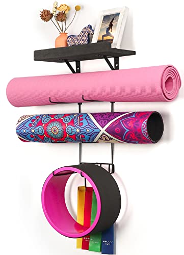 Bikoney Yoga Mat Holder Wall Mount Yoga Mat Storage Home Gym Accessories with Wood Floating Shelves and 4 Hooks for Hanging Foam Roller and Resistance Bands at Fitness Class or Home Gym Vintage Black - color: Vintage Black