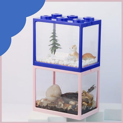 Small Sea Monkey Tank, Stackable Mini Betta Fish Tank Tinny Aquarium Kit with Aquarium Gravel, Moss Ball Tank Shrimp Tank 0.27 Gallon Acrylic Cube Fish Bowl for Shrimp Snails - color: Pink
