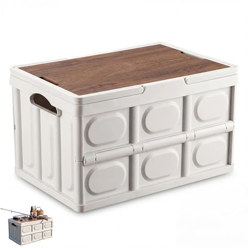 Lidded Home Storage Bins 30L/7.9Gal Collapsible Camping Box, Food Storage for Camping, Stackable with Handles & Wooden Lid for Home Organizing