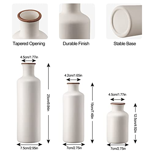 3Pcs Ceramic Vases, Rustic Decorative Flower Vases Set for Modern Farmhouse Decoration, Living Room Centerpieces and Events, Table, Bookshelf, Mantel and Entryway Decor (White)