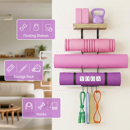 Bikoney Yoga Mat Holder Wall Mount Yoga Mat Storage Home Gym Accessories with Wood Floating Shelves and 4 Hooks for Hanging Foam Roller and Resistance Bands Fitness Home Gym Carbonized Black - color: Carbonized Black