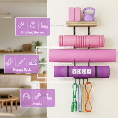 Bikoney Yoga Mat Holder Wall Mount Yoga Mat Storage Home Gym Accessories with Wood Floating Shelves and 4 Hooks for Hanging Foam Roller and Resistance Bands Fitness Home Gym Carbonized Black - color: Carbonized Black