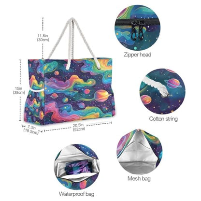 senya Large Beach Bags Totes Canvas Tote Shoulder Bag Soft Wave Water Resistant Bags for Gym Travel Daily Ocean - color: Rainbow Planet Dream