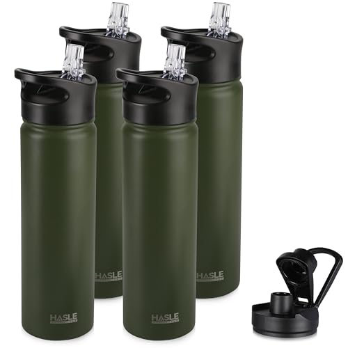 HASLE OUTFITTERS Insulated Water Bottle 22 oz Double Wall Stainless Steel Water Bottle Wide Mouth with Straw Lid & Spout Lid Keeps Cold or Hot(Army Green,4) - color: Army Green, size: 22oz- 4 Pack