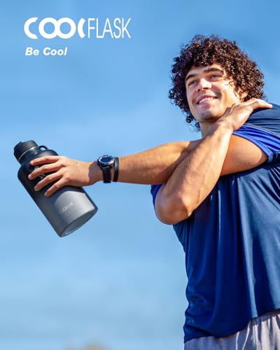 Coolflask Half Gallon Water Bottle Insulated with Straw & 3 Leakproof Lids - color: Piano Night, size: 64 Ounces