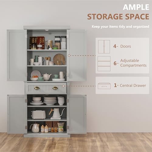 72" Kitchen Pantry,Tall Storage Cabinets with Doors and Shelves,Freestanding Pantry Cabinet for Bathroom,Dining Room and Living Room (Smog Grey) - color: Smog Grey