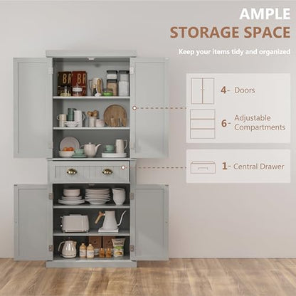 72" Kitchen Pantry,Tall Storage Cabinets with Doors and Shelves,Freestanding Pantry Cabinet for Bathroom,Dining Room and Living Room (Smog Grey) - color: Smog Grey