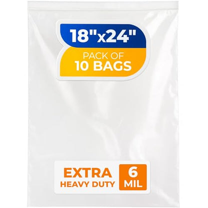 18" x 24" Reclosable Plastic Zip Bags, Pack of 10, 6 Mil Heavy-Duty Clear Poly Bags, Resealable for Food, Clothes, Hardware, Jewelry - size: 18"W x 24"H