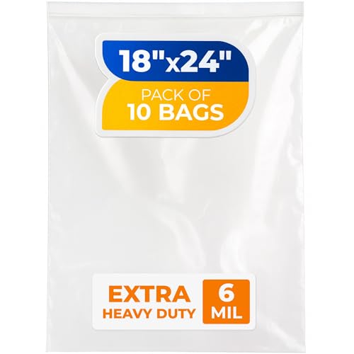 18" x 24" Reclosable Plastic Zip Bags, Pack of 10, 6 Mil Heavy-Duty Clear Poly Bags, Resealable for Food, Clothes, Hardware, Jewelry - size: 18"W x 24"H