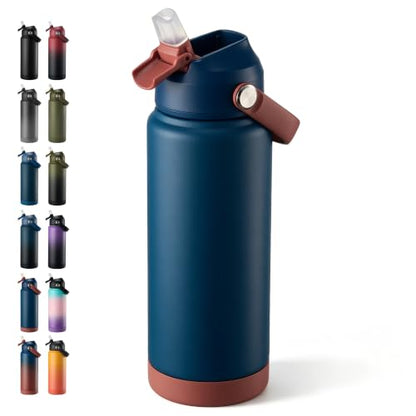 Fijinhom 24 oz Insulated Water Bottle with Straw Lid, Stainless Steel Water Bottles, Double Wall Vacuum, Portable Handle & Non-slip Bottom, BPA Free Leak Proof Metal Bottles, Keep Cold 24H, Sapphire - color: Sapphire, size: 24 Ounces