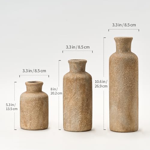 Ceramic Rustic Farmhouse Vase Set of 3,Terracotta Vases for Decor,Antique Vase for Your Bedroom,Office,Living Room,Fireplace,Bookshelf Decor,Housewarming (10+7.5+5 Inch)